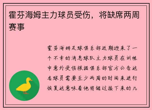 霍芬海姆主力球员受伤，将缺席两周赛事