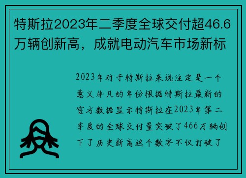 特斯拉2023年二季度全球交付超46.6万辆创新高，成就电动汽车市场新标杆