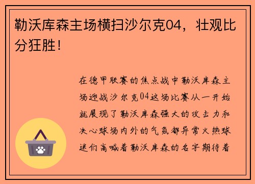 勒沃库森主场横扫沙尔克04，壮观比分狂胜！