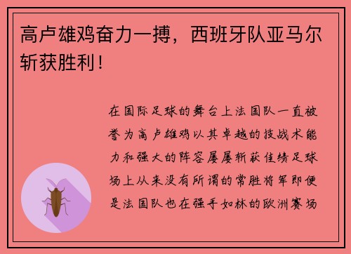 高卢雄鸡奋力一搏，西班牙队亚马尔斩获胜利！