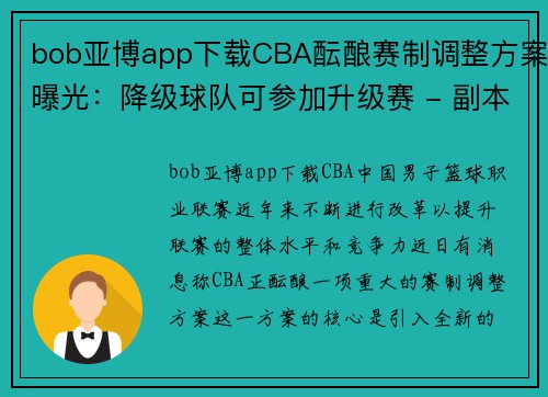 bob亚博app下载CBA酝酿赛制调整方案曝光：降级球队可参加升级赛 - 副本